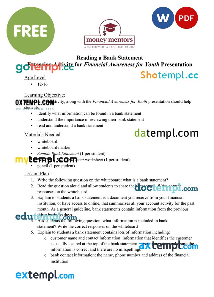 money mentors bank statement sample – activity for financial awareness for youth presentation, .doc and .pdf format, 5 pages