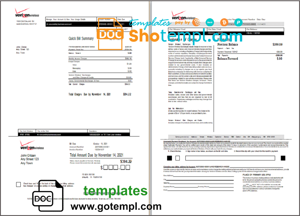 USA Verizon invoice example in Word and PDF format, fully editable