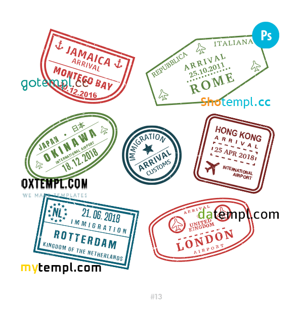 Jamaican Italian Japanese travel stamp collection example of 7 PSD designs, with fonts
