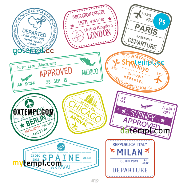 Chinese United Kingdom Spanish travel stamp collection example of 10 PSD designs, with fonts