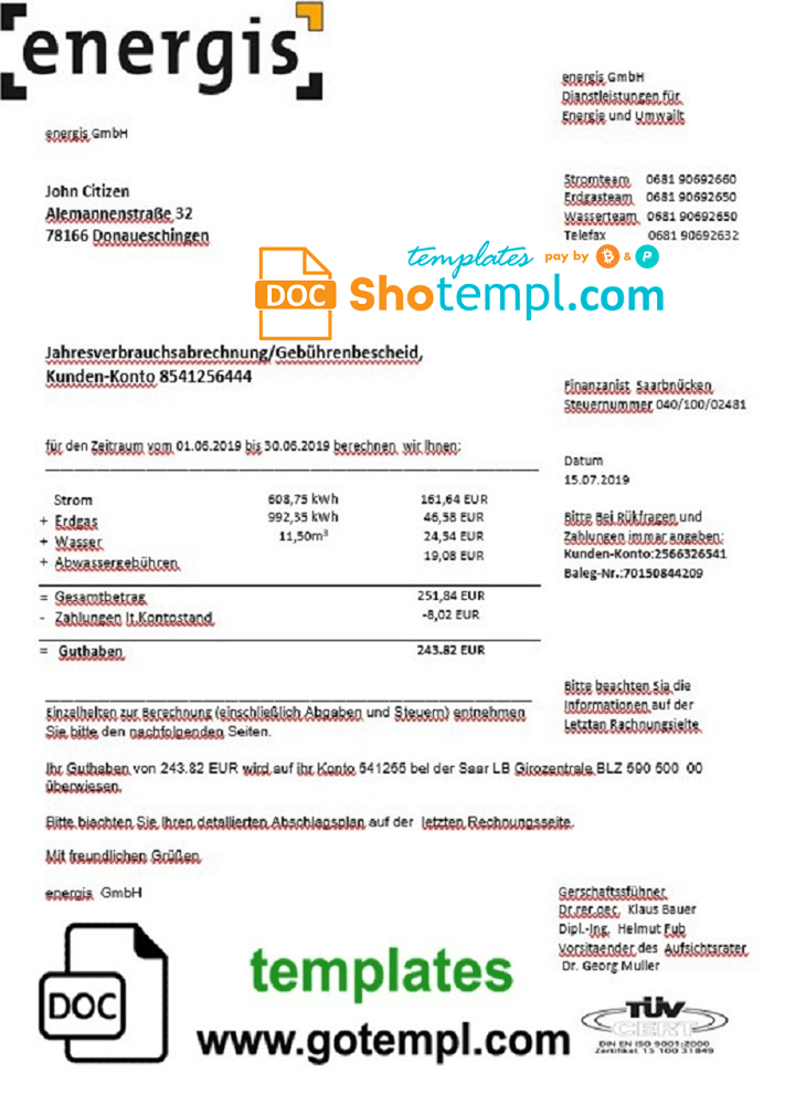 German Energis utility bill download example in Word and PDF format, fully editable