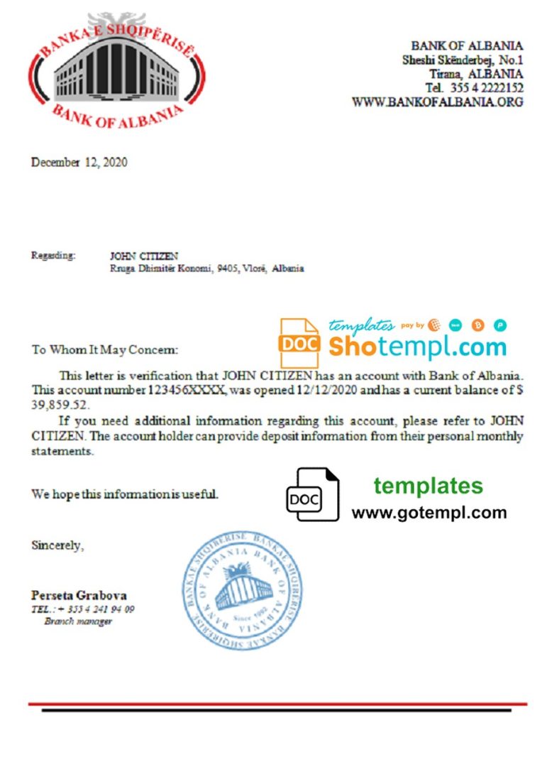 Albanian Bank of Albanian bank reference letter example in Word and PDF format