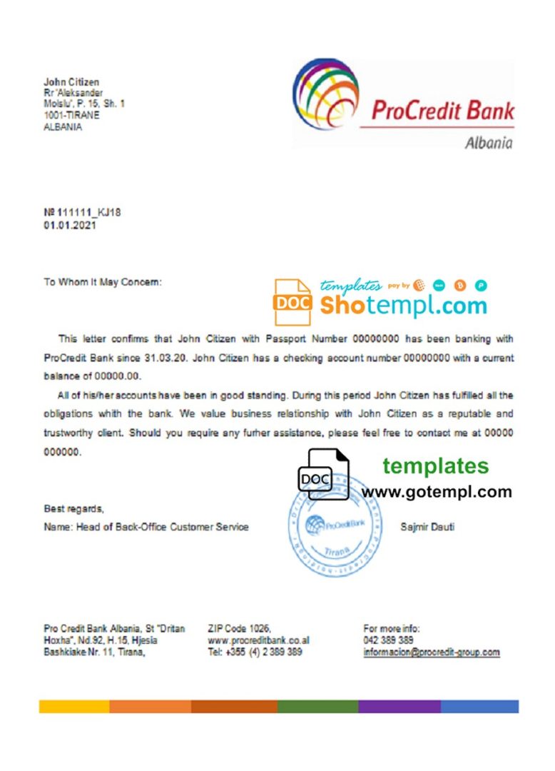 Albanian ProCredit bank reference letter example in Word and PDF format