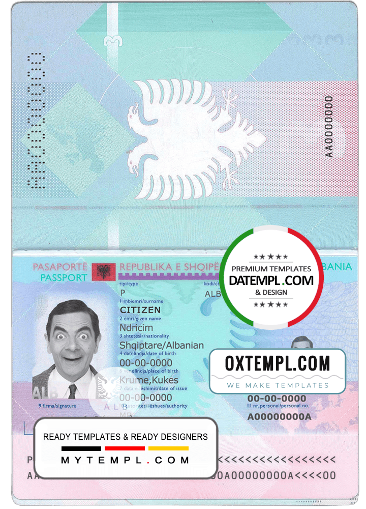 Albanian passport example in PSD format