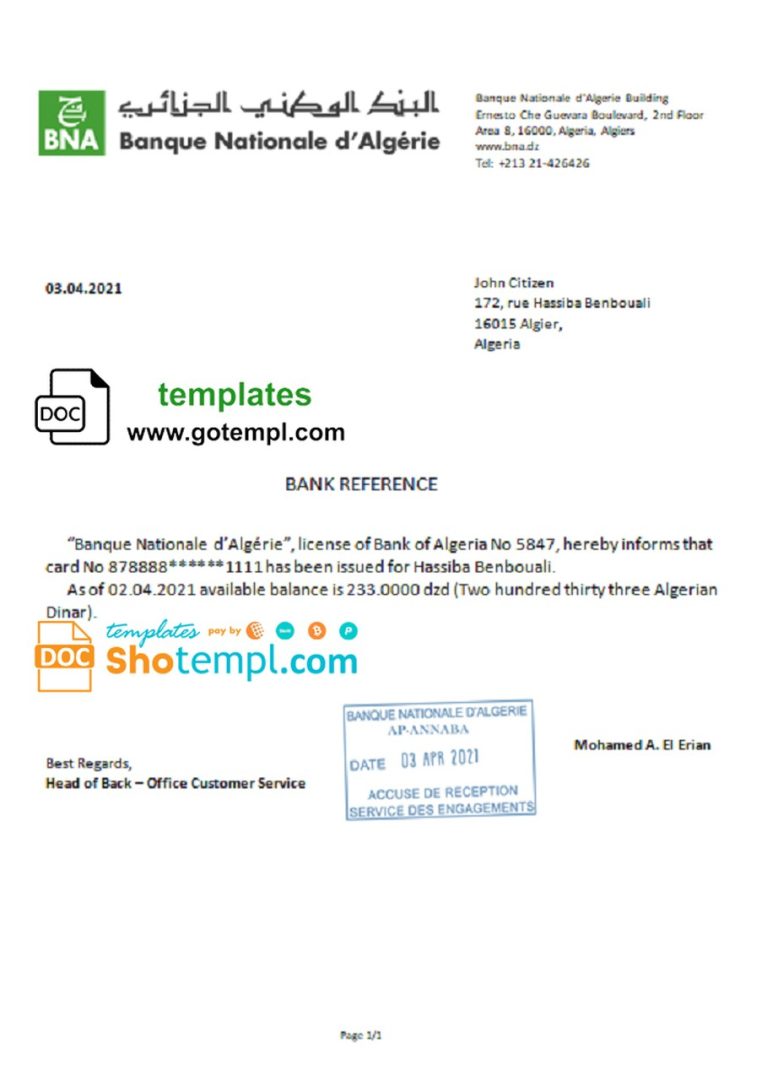 Algerian Banque Nationale d’Algérie (BNA) example of bank reference letter, Word and PDF format (.doc and .pdf)