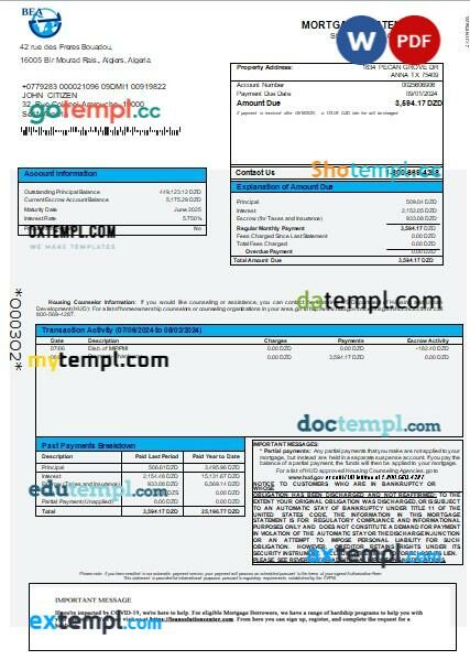 Algeria Banque exterieure d'Algerie bank mortgage statement, 3 pages, editable template in PDF and Word