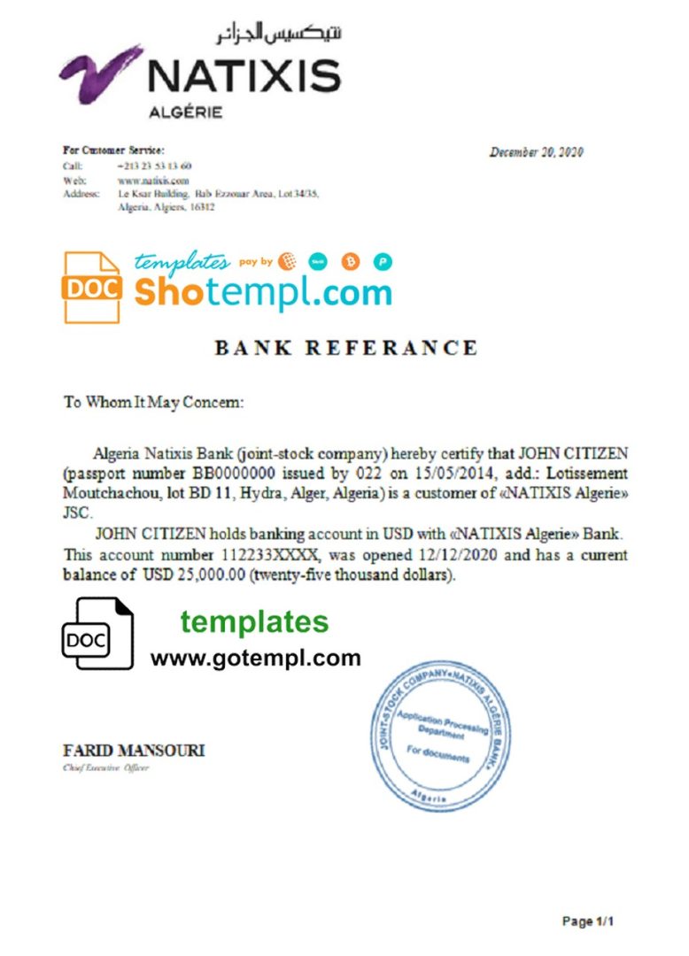 Algerian Natixis Algerie bank reference letter example in Word and PDF format