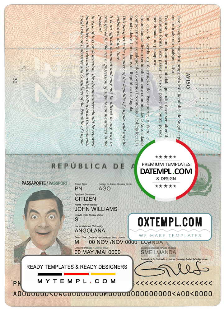Angolan passport example in PSD format, fully editable, with all fonts