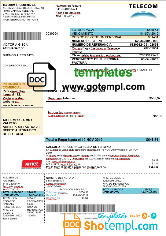Argentinian Telecom utility bill download example in .doc and .pdf format fully editable, good for address prove