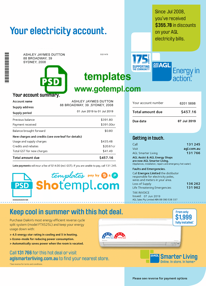 Australia AGL electricity utility bill download example, fully editable in PSD format