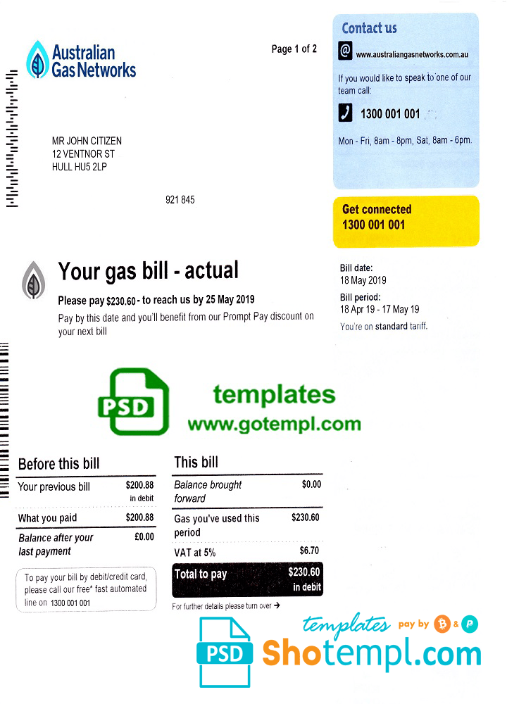 Australia gas utility bill download example fully editable in PSD format