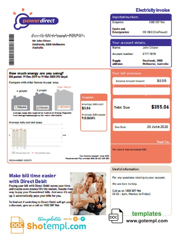 Australia Powerdirect electricity utility bill download example in Word and PDF format