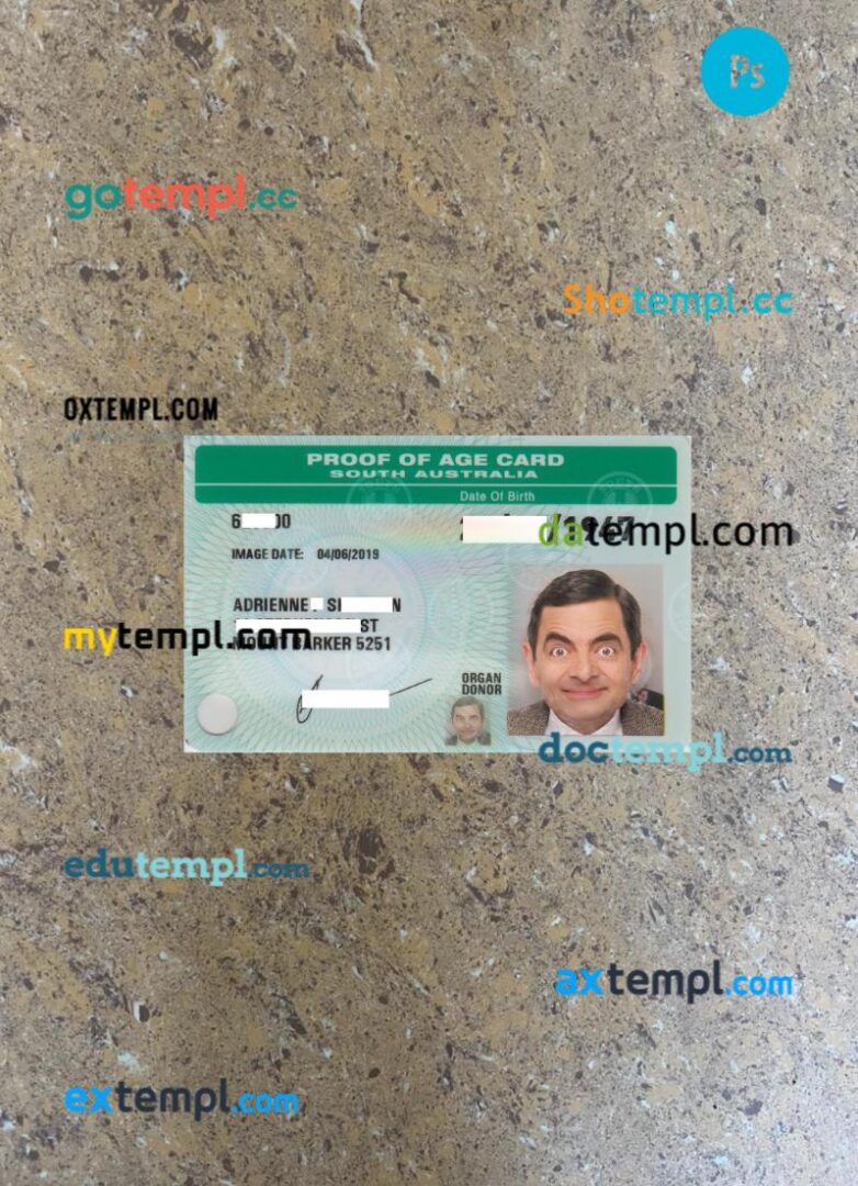 Australia South Australia proof of age card PSD files, scan and photo taken image, 2 in 1