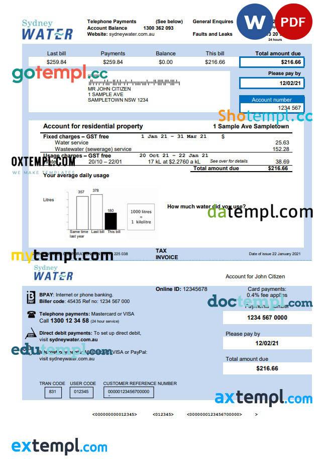 Australia Sydney water utility bill template, fully editable in Word and PDF format
