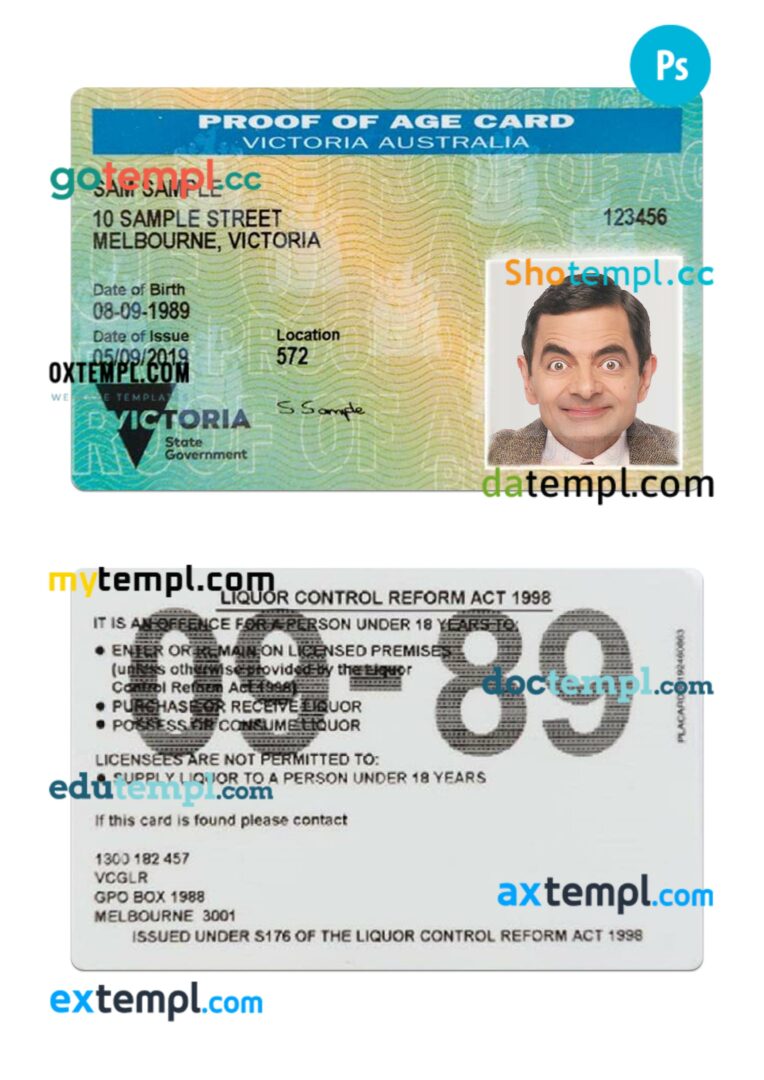 Australia Victoria proof of age card template in PSD format