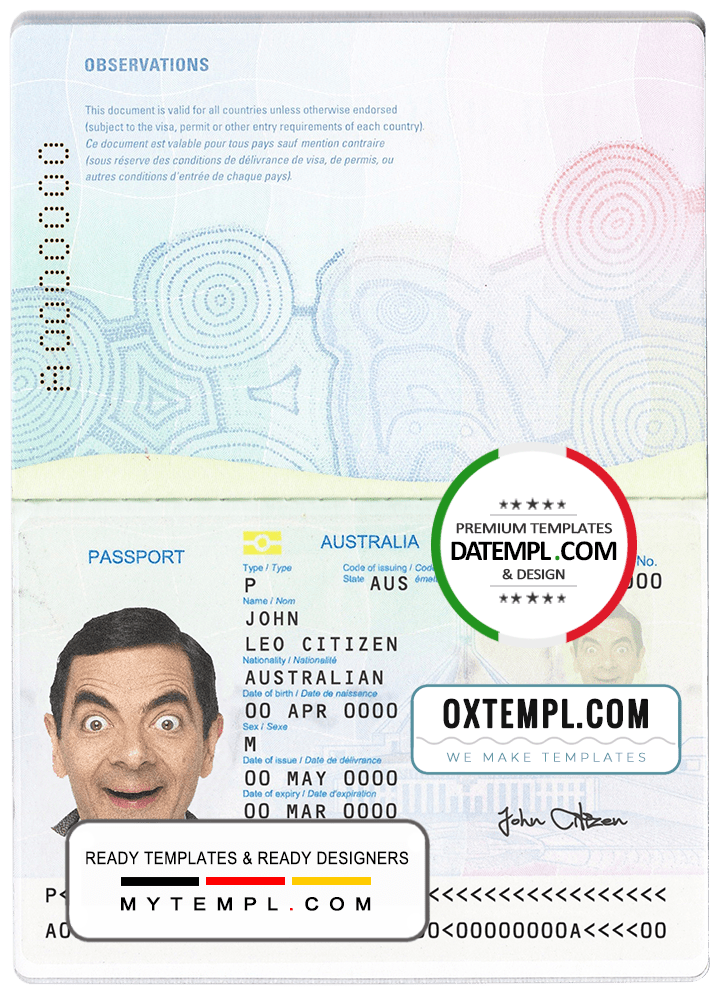 Australian standard passport example in PSD format, fully editable, with all fonts