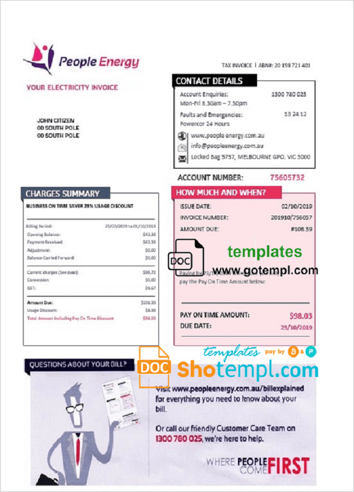 Australia People Energy electricity utility bill download example in Word and PDF format