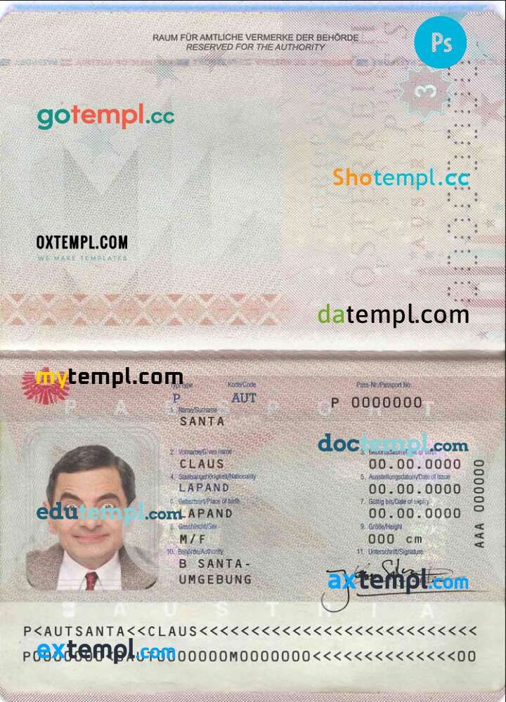 Austrian passport example in PSD format (+editable PSD photo look)