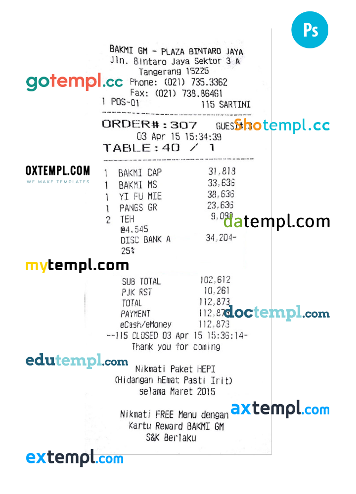 BAKMI GM PLAZA payment receipt PSD example