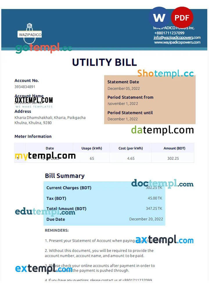 Bangladesh Wazipadico Power utility bill Word and PDF template