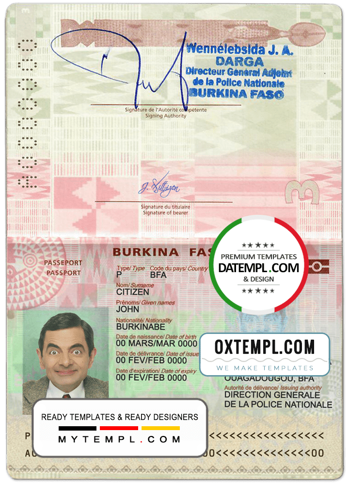 Burkinabé passport example in PSD format, fully editable (2018 - present)