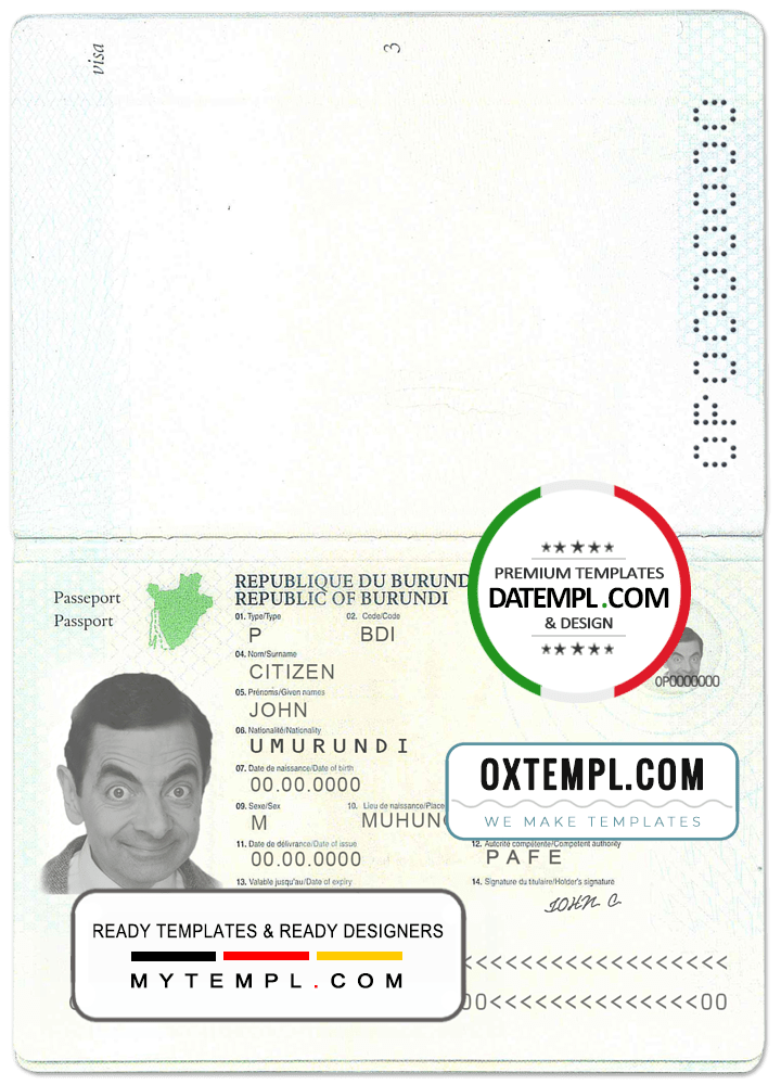 Burundian passport example in PSD format, 2011-2019