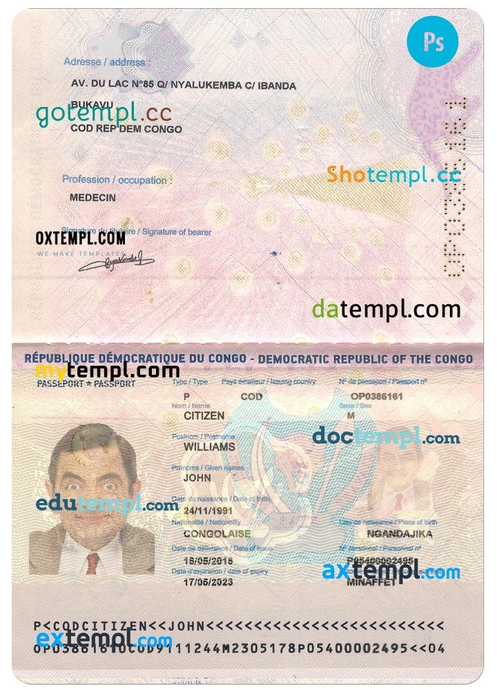 Democratic Republic of Congo passport example in PSD format, 2015 - present