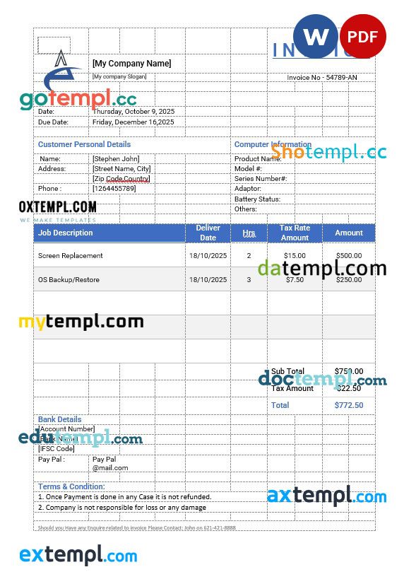 Computer Repair Invoice example in word and pdf format