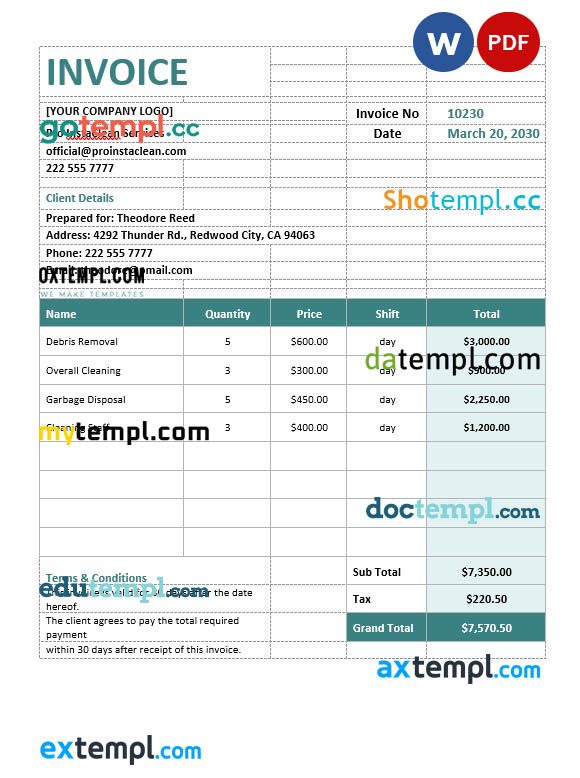 Construction Cleaning Invoice example in word and pdf format