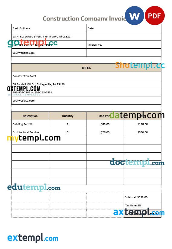 Construction Company Invoice example in word and pdf format