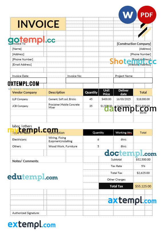 Construction Estimate Invoice example in word and pdf format