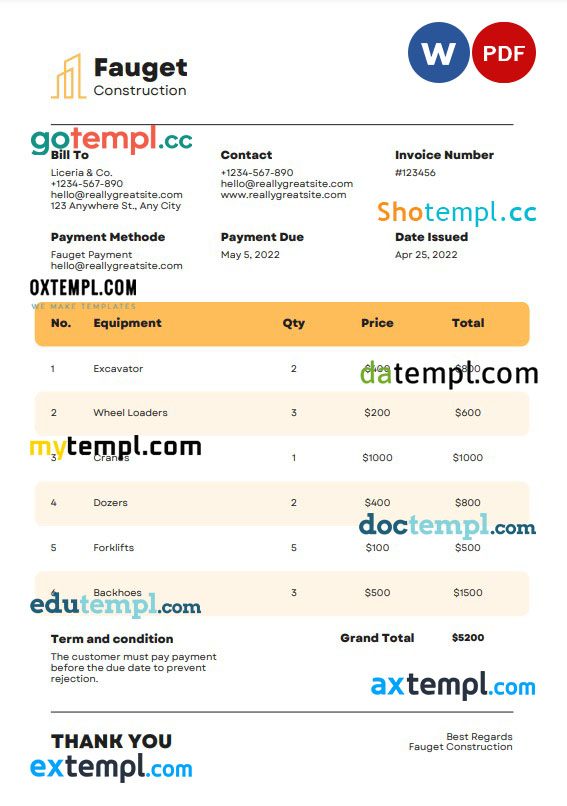 Construction invoice example in word and pdf format
