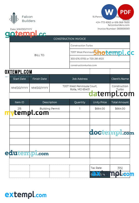 Construction job Invoice example in word and pdf format