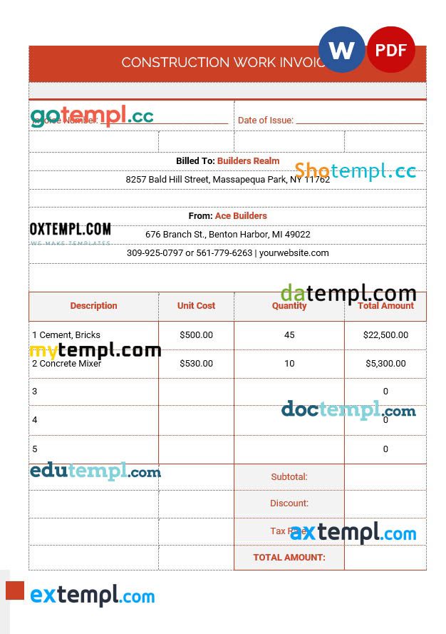 Construction Work Invoice example in word and pdf format