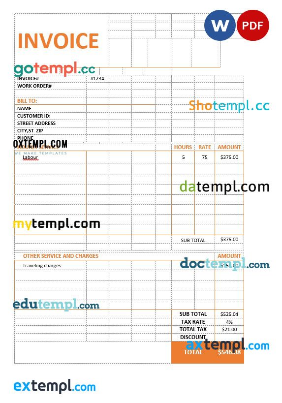 Consultancy Service Invoice example in word and pdf format