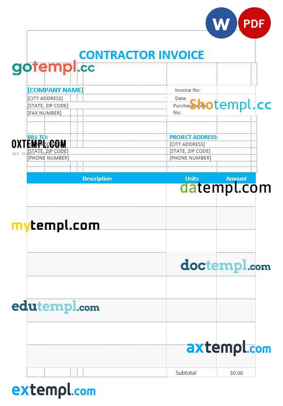 Contractor invoice example in word and pdf format