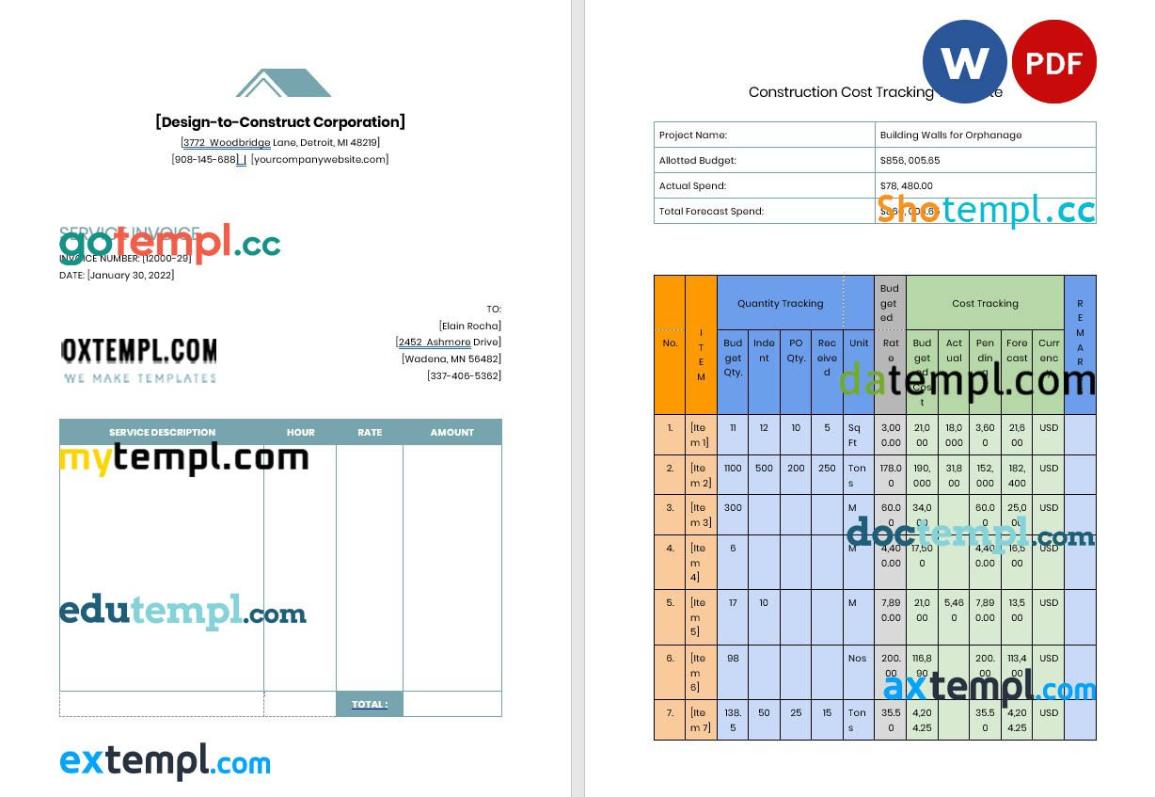Contractor Job Invoice example in word and pdf format