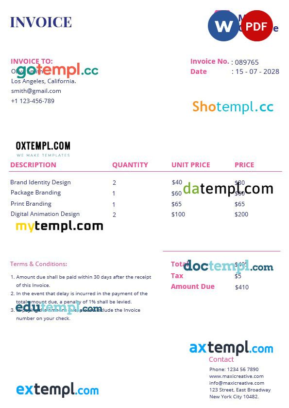 Creative Agency Invoice example in word and pdf format