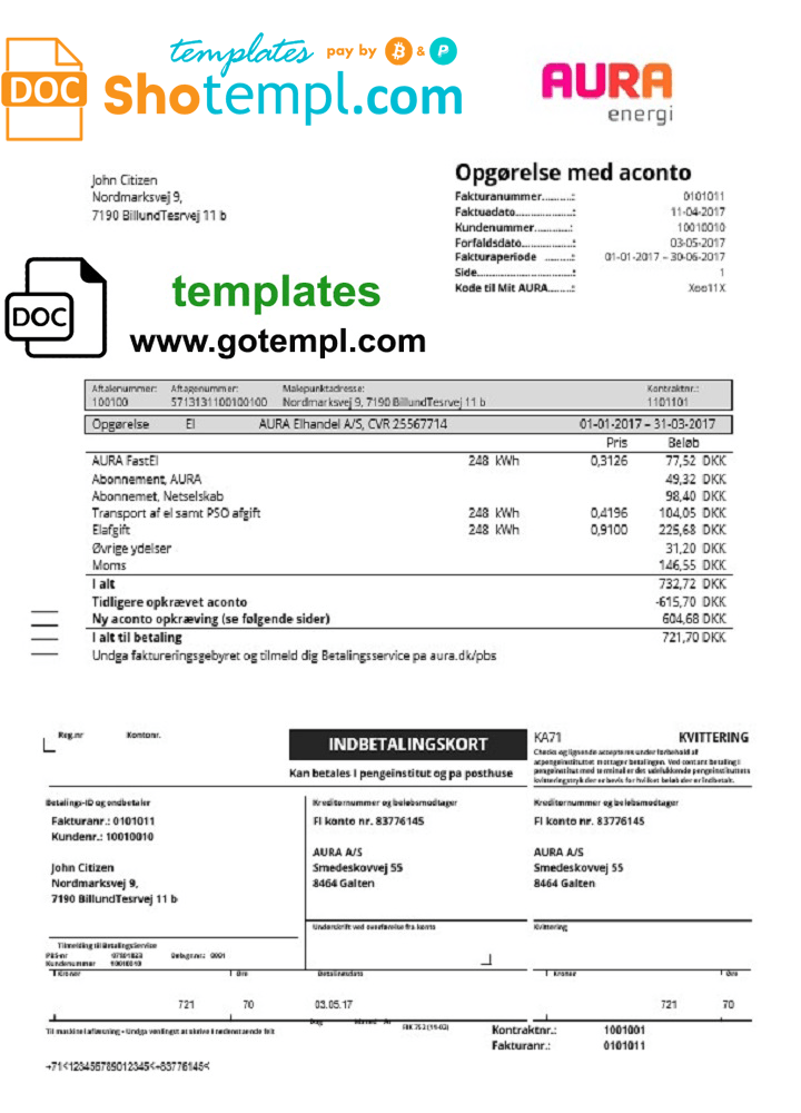 Danish AURA Energi utility bill download example in Word and PDF format