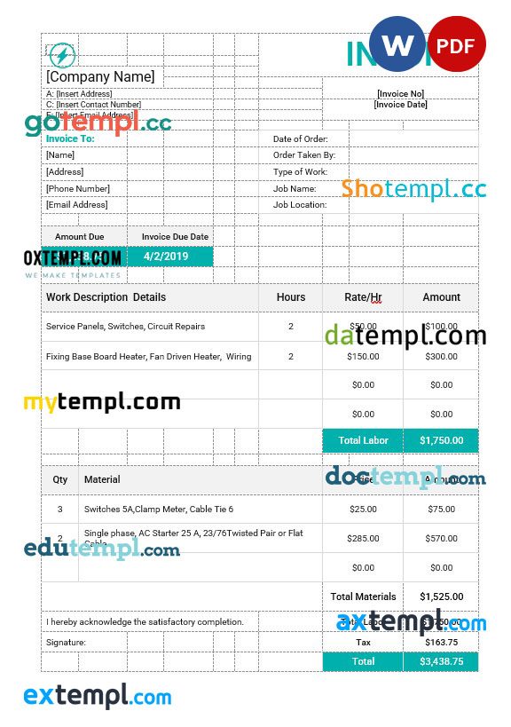 Electrical Work Order Invoice example in word and pdf format