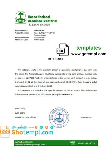 Equatorial Guineann The National Bank bank reference letter example in Word and PDF format