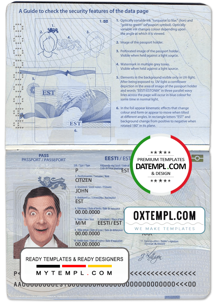 Estonian passport example in PSD format, fully editable