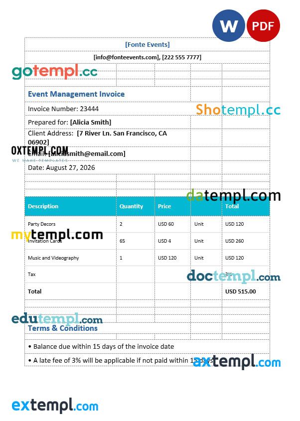 Event Management Invoice example in word and pdf format