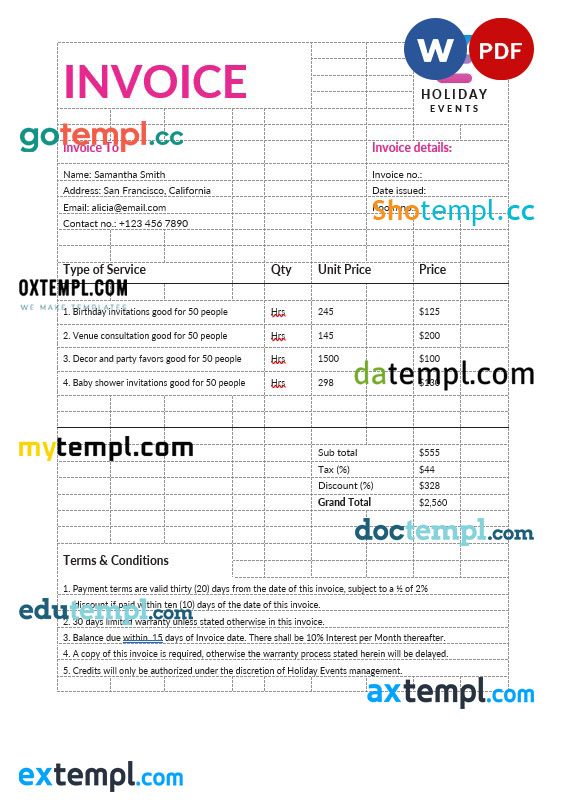Event Planner Invoice example in word and pdf format