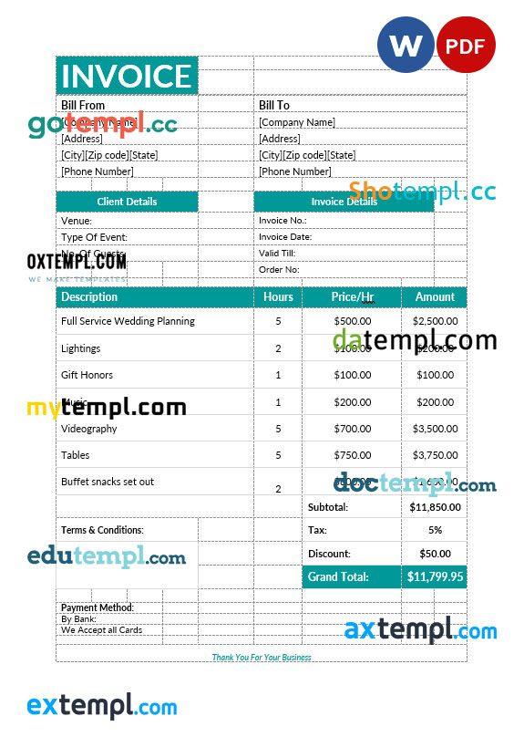 Event planning invoice example in word and pdf format