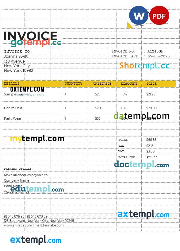 Fashion Designer Invoice example in word and pdf format