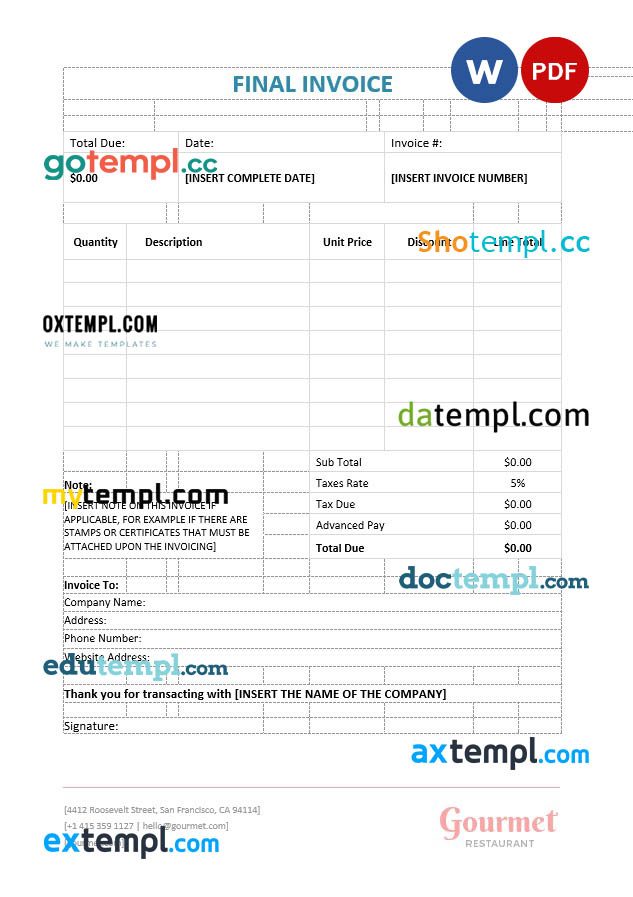 Final Invoice example in word and pdf format