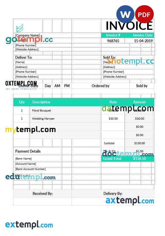 Flower Shop Invoice example in word and pdf format