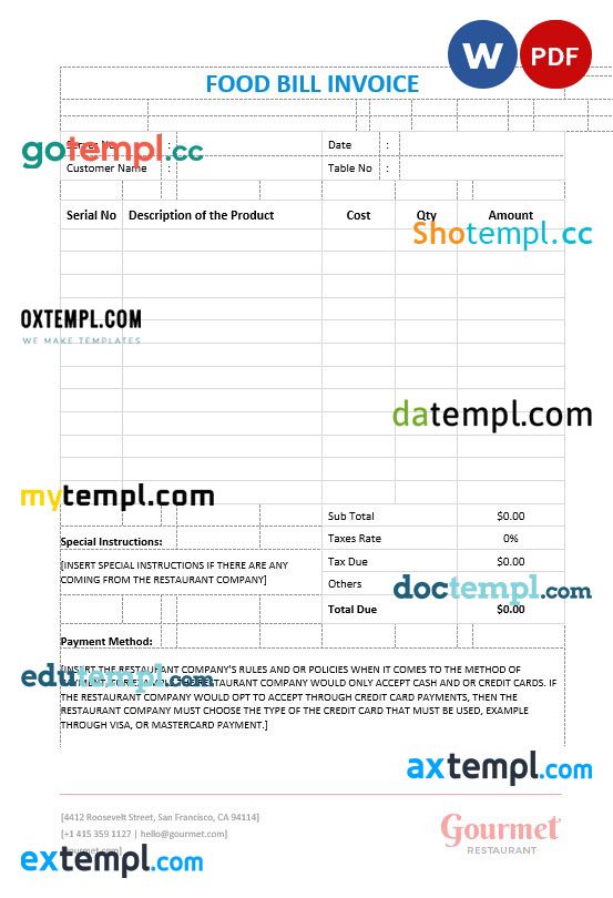 Food Bill Invoice example in word and pdf format