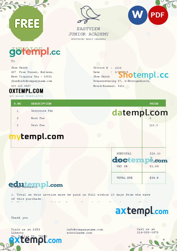 free download Free Kindergarten Invoice example in word and pdf format
